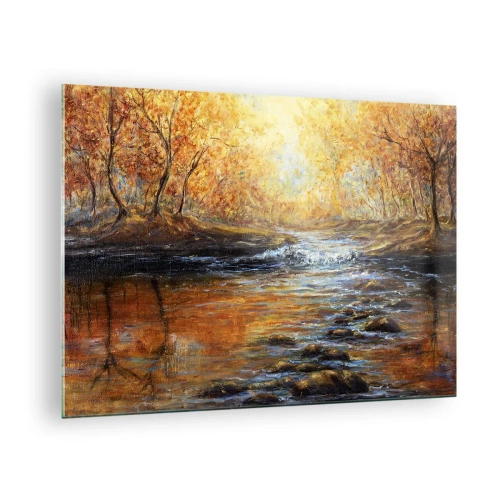 Quadro su vetro - Un ruscello dorato nella foresta circondato da alberi autunnali - 70x50cm - Ruscello d'oro - Decorazione murale moderna per soggiorno e camera da letto ARTTOR