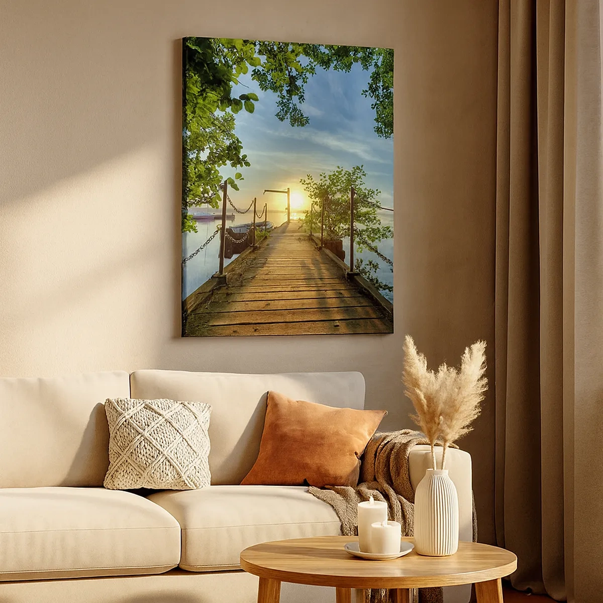 Quadro su tela - Stampe su Tela - Un molo sul lago sotto i raggi del tramonto - 50x70cm - Tramonto sul lago - Decorazione murale moderna per soggiorno e camera da letto ARTTOR