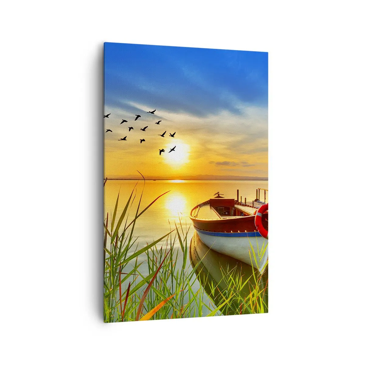 Quadro su tela - Stampe su Tela - Una barca sulla riva di un lago al tramonto - 80x120cm - I cormorano volano già via - Decorazione murale moderna per soggiorno e camera da letto ARTTOR
