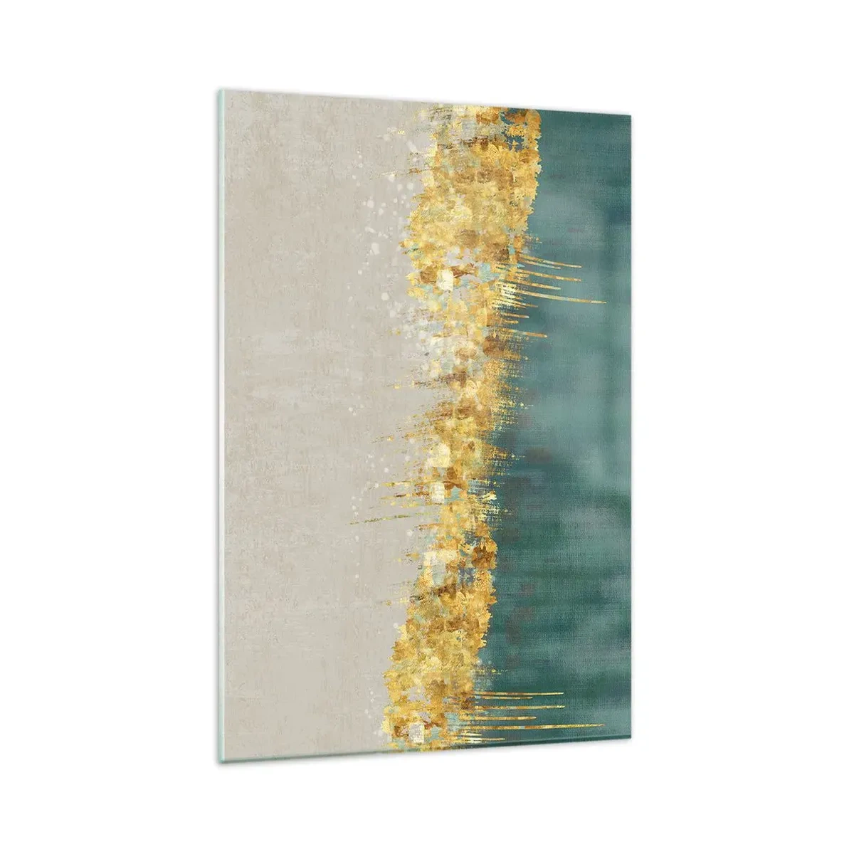 Quadro su vetro - Accenti dorati su sfondo verde-beige - 80x120cm - Confine dorato - Decorazione murale moderna per soggiorno e camera da letto ARTTOR