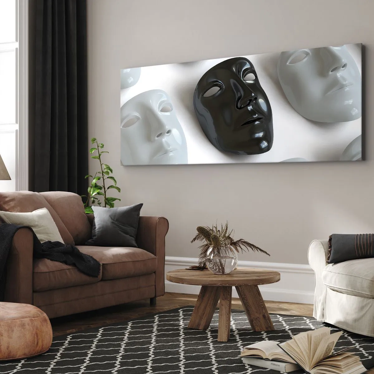 Quadro su tela - Stampe su Tela - Maschere in bianco e nero su sfondo chiaro - 120x50cm - Come distinguersi? - Decorazione murale moderna per soggiorno e camera da letto ARTTOR