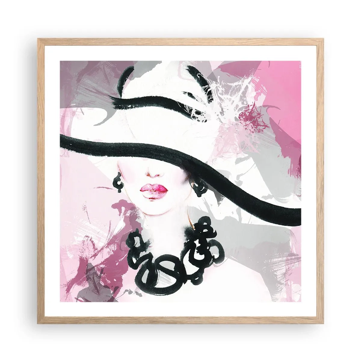 Poster in cornice rovere chiaro - Ritratto di donna in nero e rosa - 60x60 cm