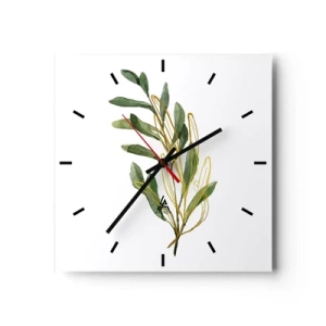 Orologio da parete - Orologio in Vetro - Ramo verde con foglie su sfondo bianco - 30x30cm - Tutto ciò che è buono - Decorazione murale moderna per soggiorno e camera da letto ARTTOR