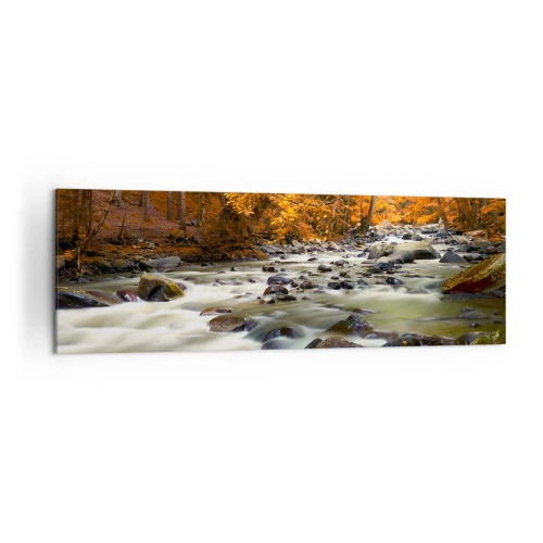 Quadro su tela - Stampe su Tela - Un ruscello in una foresta autunnale circondato da foglie dorate - 160x50cm - Ruscello nel bosco dorato - Decorazione murale moderna per soggiorno e camera da letto ARTTOR