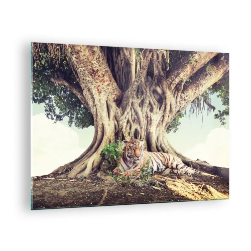 Quadro su vetro - Una tigre sdraiata sotto un albero che si estende nella giungla - 70x50cm - Vista dal Libro della Genesi - Decorazione murale moderna per soggiorno e camera da letto ARTTOR