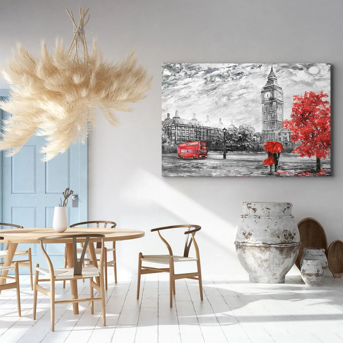 Quadro su tela - Stampe su Tela - Vista iconica di Londra con il Big Ben, un autobus rosso e un ombrello - 120x80cm - Un giorno eccitante - Decorazione murale moderna per soggiorno e camera da letto ARTTOR