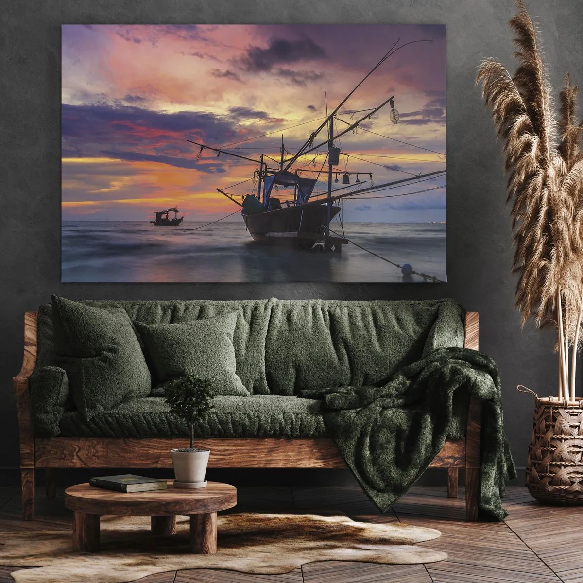 Quadro su tela - Stampe su Tela - Una barca da pesca sullo sfondo di un tramonto colorato - 70x50cm - Sera esotica - Decorazione murale moderna per soggiorno e camera da letto ARTTOR