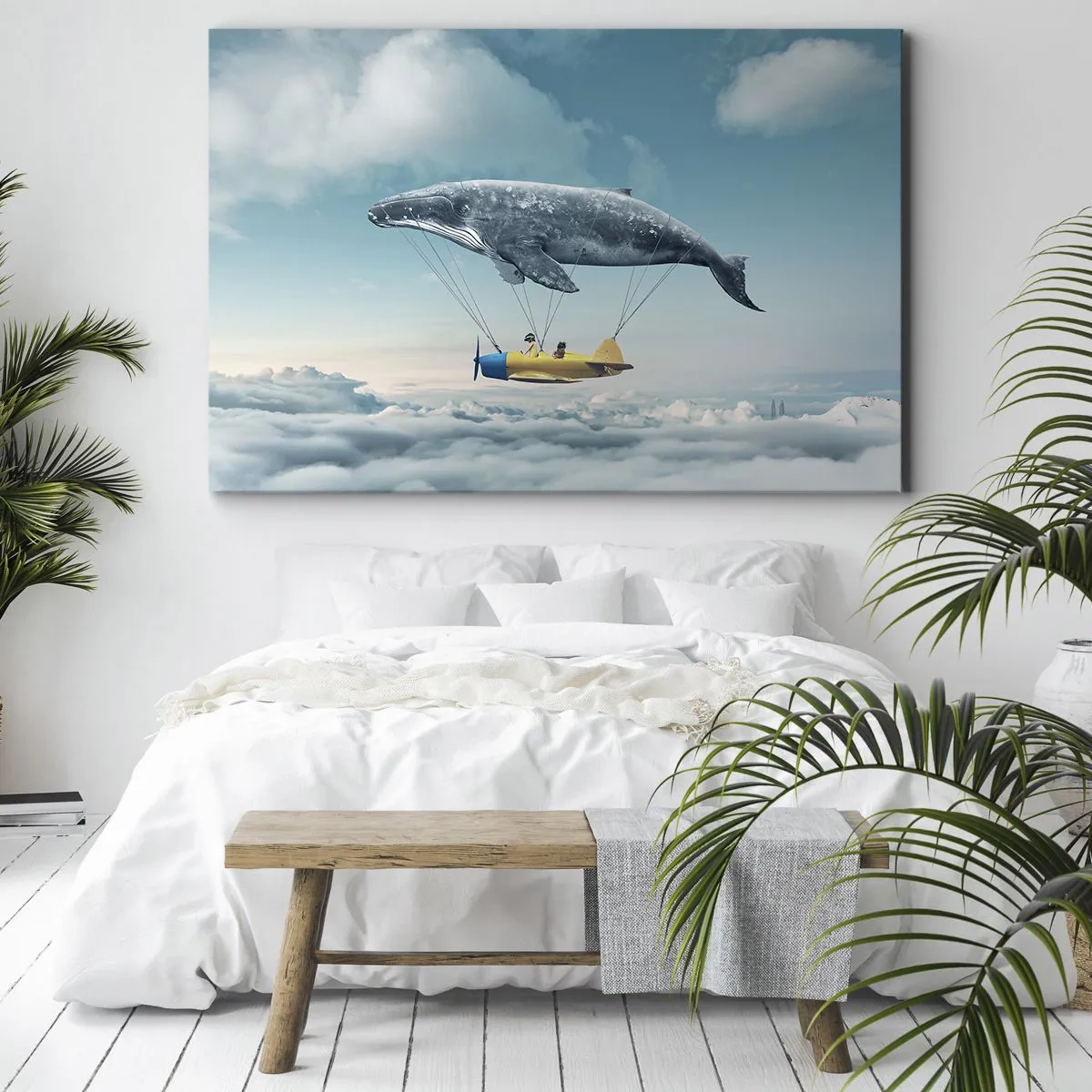 Quadro su tela - Stampe su Tela - Una balena volante trasporta un aereo in un'ambientazione surreale. - 120x80cm - Perché no? - Decorazione murale moderna per soggiorno e camera da letto ARTTOR