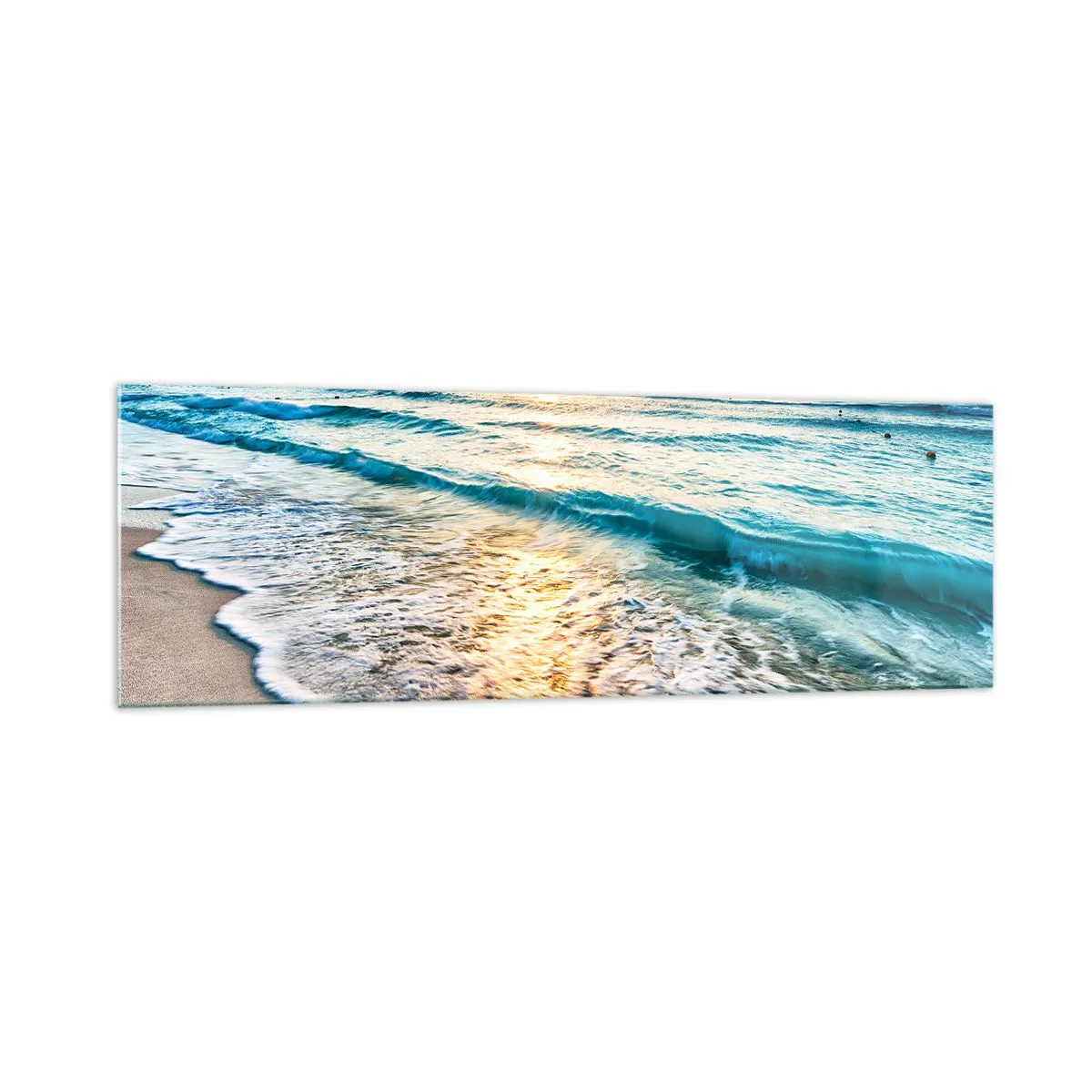 Quadro su vetro - Alba su una spiaggia tranquilla con onde - 160x50cm - Tramonto sul mare - Decorazione murale moderna per soggiorno e camera da letto ARTTOR