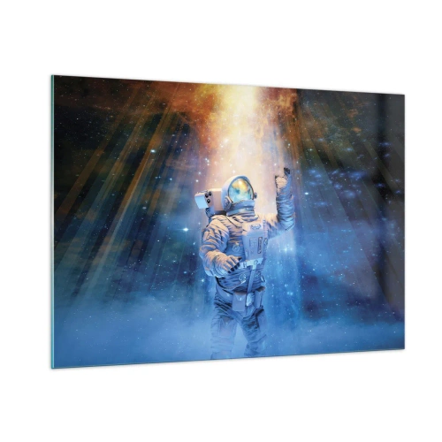 Quadro su vetro - Un astronauta nello spazio illuminato da raggi di luce - 100x70cm - Finalmente alla meta - Decorazione murale moderna per soggiorno e camera da letto ARTTOR
