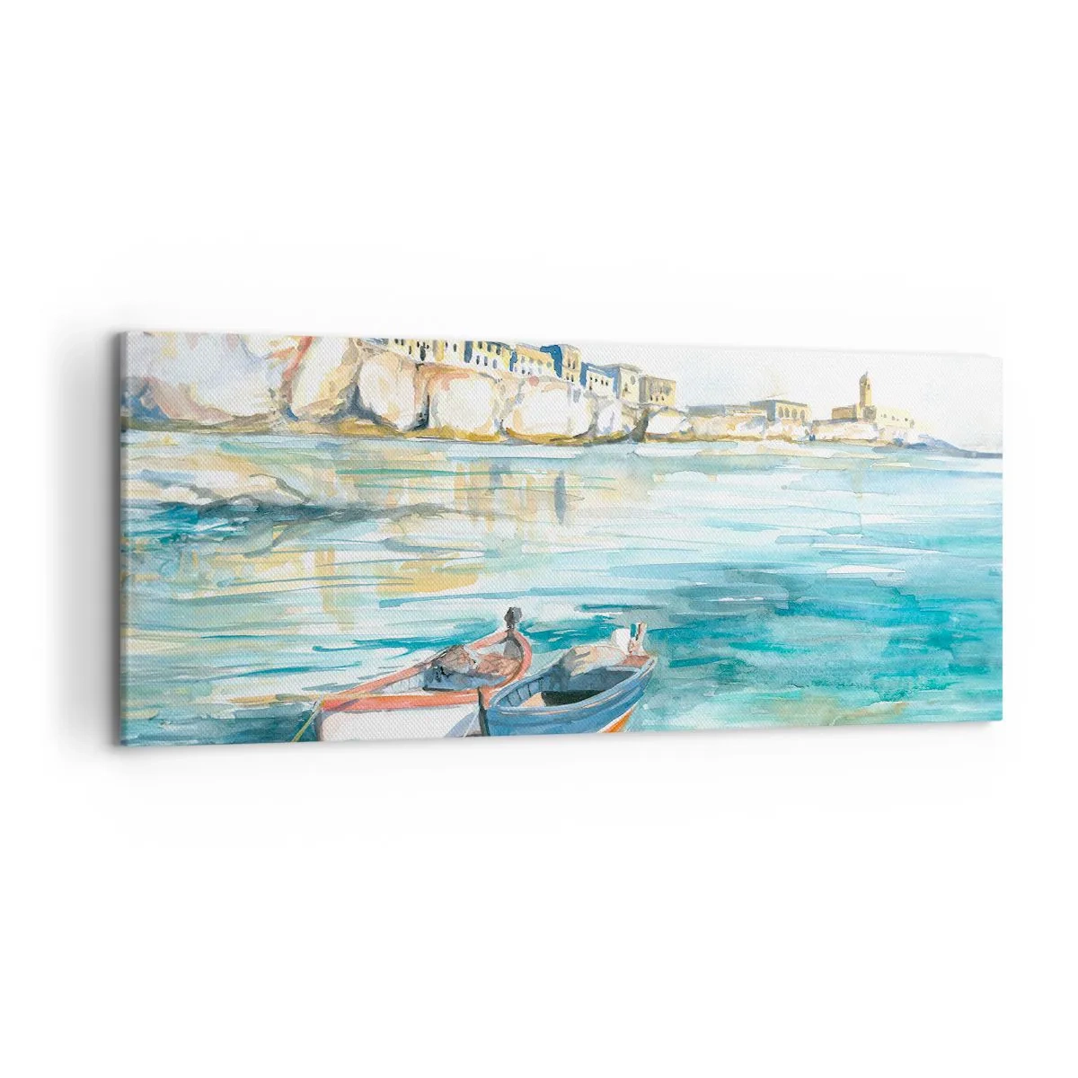 Quadro su tela - Stampe su Tela - Un pittoresco paesaggio costiero con barche sull'acqua - 120x50cm - Paesaggio in azzurro - Decorazione murale moderna per soggiorno e camera da letto ARTTOR