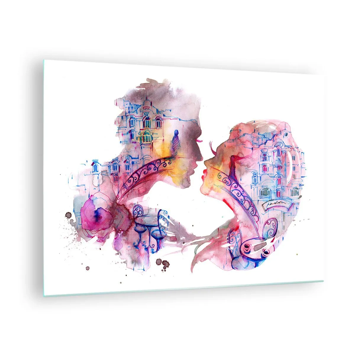 Quadro su vetro - Illustrazione di un ritratto astratto di due persone a forma di cuore - 70x50cm - Misterioso ponte dei sospiri - Decorazione murale moderna per soggiorno e camera da letto ARTTOR