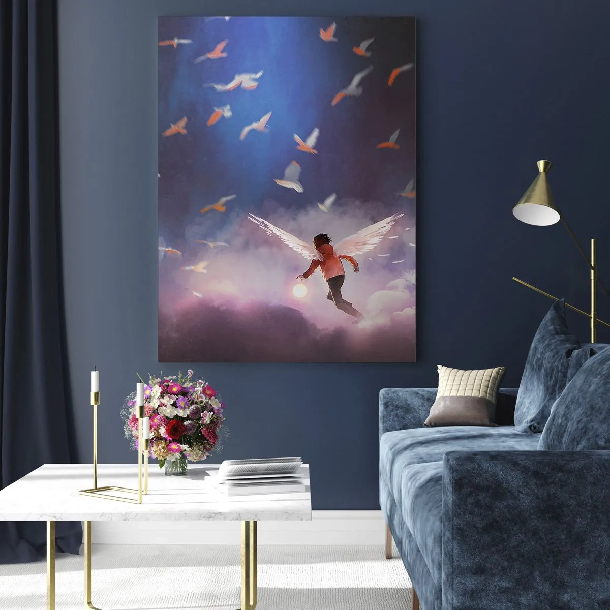 Quadro su vetro - Una figura con ali d'angelo che fluttua tra le nuvole - 50x70cm - Bisogna avere fantasia e coraggio - Decorazione murale moderna per soggiorno e camera da letto ARTTOR