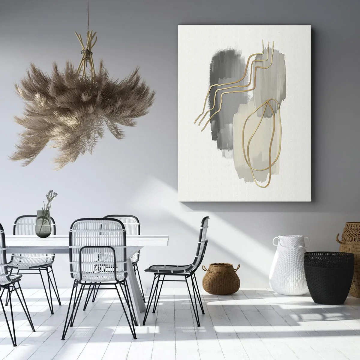 Quadro su tela - Stampe su Tela - Linee dorate astratte su sfondo grigio - 50x70cm - Durata e movimento - Decorazione murale moderna per soggiorno e camera da letto ARTTOR