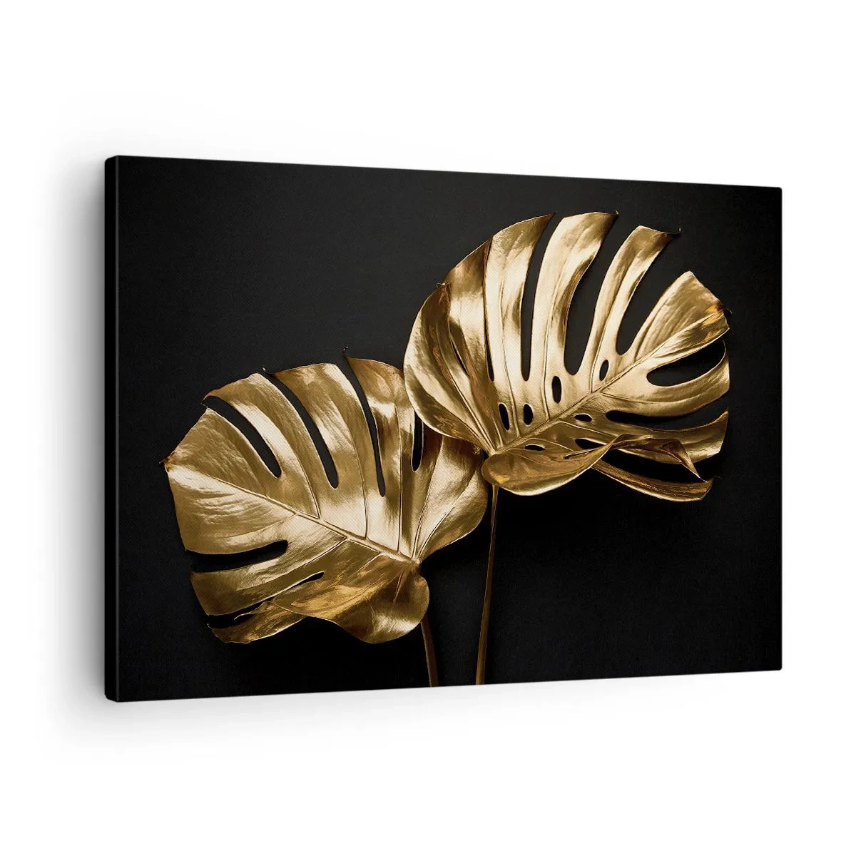Quadro su tela - Stampe su Tela - Foglie di monstera dorate su sfondo nero - 70x50cm - I tesori della natura - Decorazione murale moderna per soggiorno e camera da letto ARTTOR