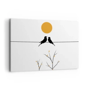 Quadro su tela - Stampe su Tela - Uccelli su una linea con un sole giallo - 100x70cm - Sera da usignoli - Decorazione murale moderna per soggiorno e camera da letto ARTTOR