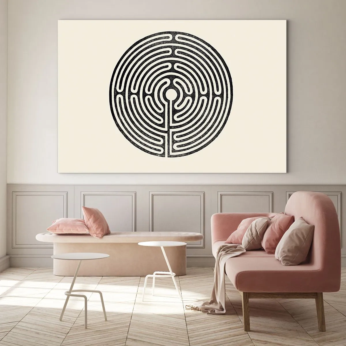 Quadro su vetro - Un labirinto bianco e nero di forma circolare su uno sfondo chiaro. - 70x50cm - Ordine misterioso - Decorazione murale moderna per soggiorno e camera da letto ARTTOR