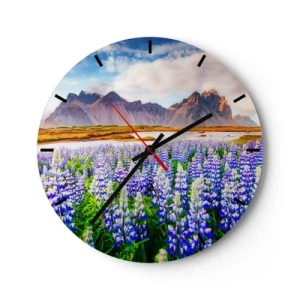 Orologio da parete - Orologio in Vetro - Paesaggio con campi di fiori e montagne sullo sfondo - 30x30cm - Forza e asprezza accanto alla mitezza - Decorazione murale moderna per soggiorno, cucina e camera da letto ARTTOR