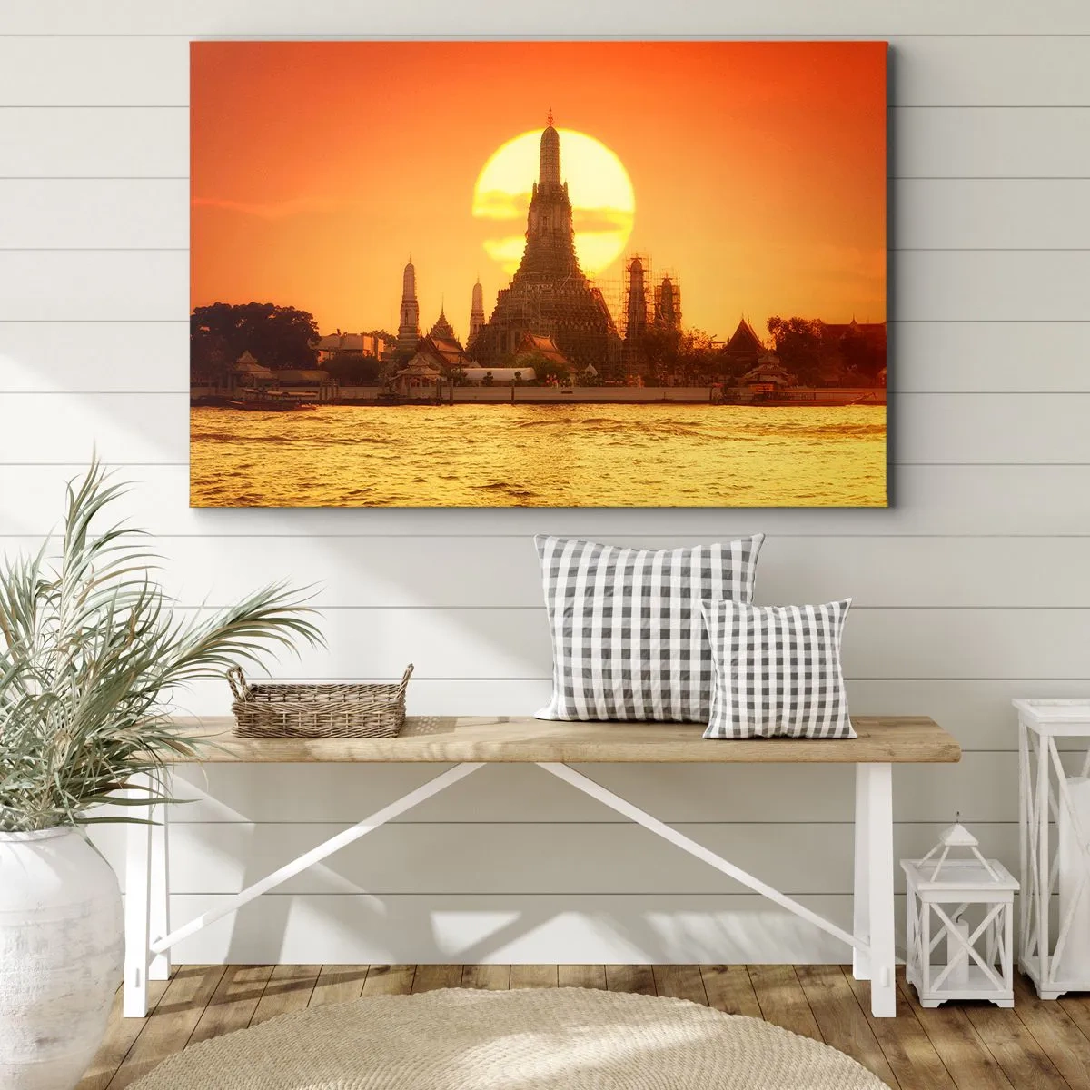 Quadro su tela - Stampe su Tela - Tramonto sul tempio con riflesso nell'acqua - 70x50cm - Verso il sole, sempre verso il sole - Decorazione murale moderna per soggiorno e camera da letto ARTTOR