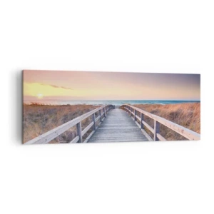 Quadro su tela - Stampe su Tela - Un molo di legno che conduce alla spiaggia al tramonto, con il cielo dipinto di colori pastello. - 140x50cm - Aurora serale baltica - Decorazione murale moderna per soggiorno e camera da letto ARTTOR