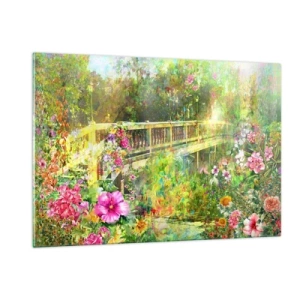 Quadro su vetro - Un ponte circondato da una vegetazione lussureggiante e fiori colorati - 120x80cm - Il ponte dei sospiri primaverili - Decorazione murale moderna per soggiorno e camera da letto ARTTOR
