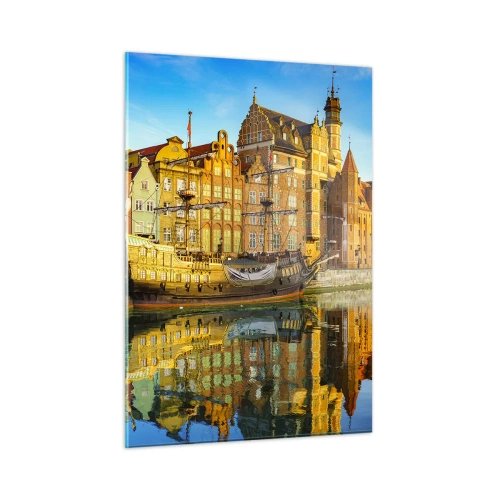 Quadro su vetro - Il centro storico di Danzica con un riflesso nell'acqua - 50x70cm - Il riflesso del passato - Decorazione murale moderna per soggiorno e camera da letto ARTTOR