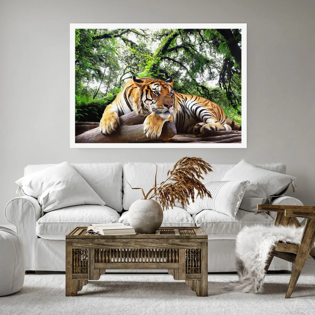 Poster - Una tigre che riposa in una foresta tropicale - 100x70cm - Con espressioni di stima - Decorazione murale moderna per soggiorno e camera da letto ARTTOR
