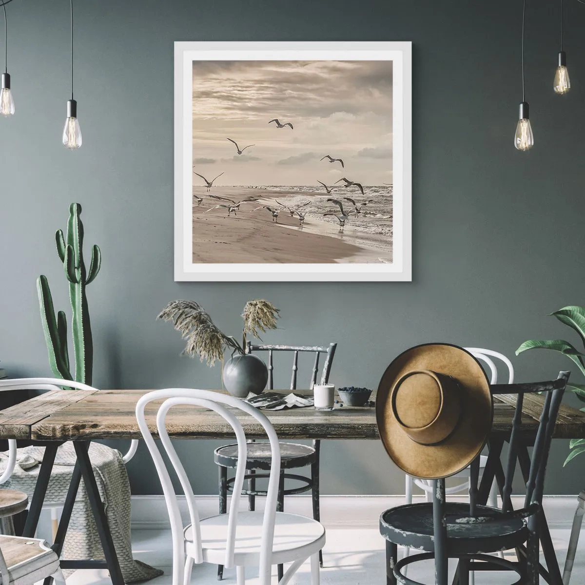 Poster in cornice bianca - Brusio del mare, canto degli uccelli - 60x60 cm