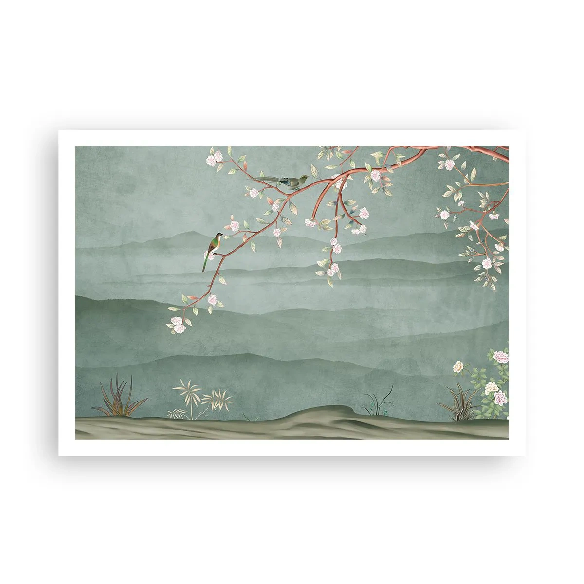 Poster - Un'immagine pittoresca di un ramo di albero fiorito con uccelli sullo sfondo di verdi colline. - 100x70cm - Eccoti primavera - Decorazione murale moderna per soggiorno e camera da letto ARTTOR