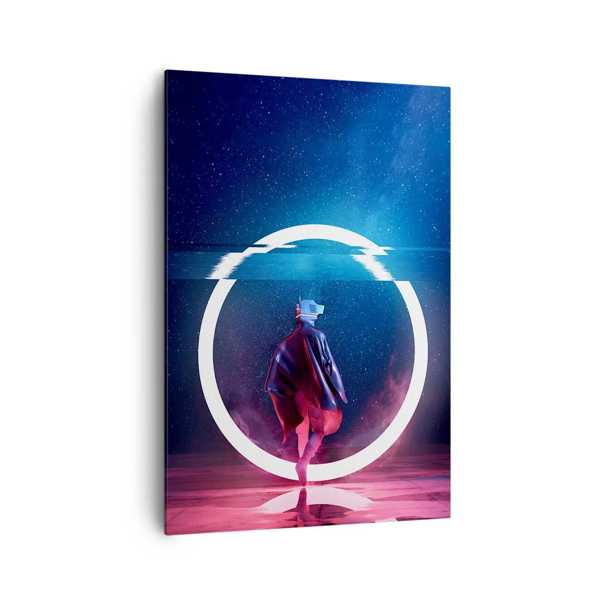 Quadro su tela - Stampe su Tela - Un personaggio in un ambiente futuristico con un cerchio al neon - 70x100cm - Tra due mondi - Decorazione murale moderna per soggiorno e camera da letto ARTTOR