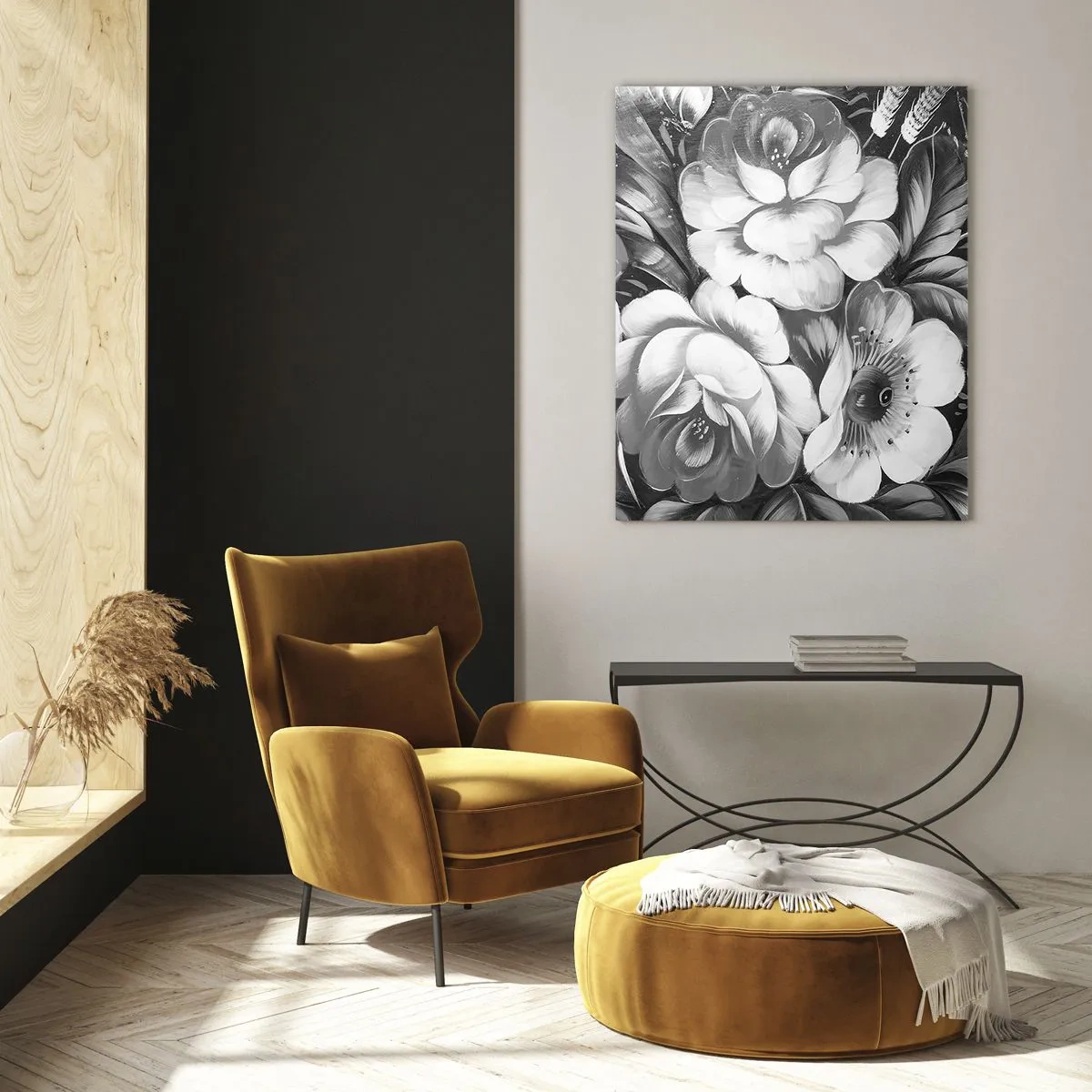 Quadro su vetro - Fiori bianchi e neri in una composizione classica ed elegante - 80x120cm - Belli anche in grigio - Decorazione murale moderna per soggiorno e camera da letto ARTTOR