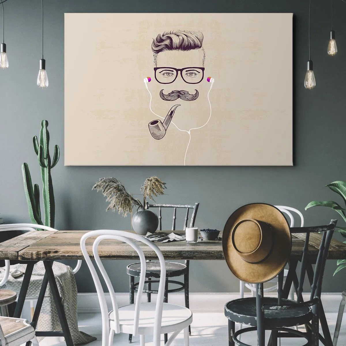 Quadro su tela - Stampe su Tela - Ritratto retrò di un uomo con pipa, cuffie e occhiali - 100x70cm - Un vero uomo? - Decorazione murale moderna per soggiorno e camera da letto ARTTOR