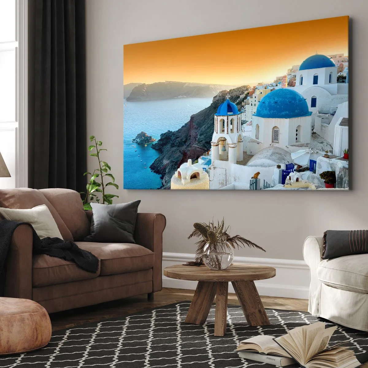 Quadro su tela - Stampe su Tela - Vista di Santorini con edifici bianchi e mare blu - 120x80cm - Santorini: aggrappate alle rocce - Decorazione murale moderna per soggiorno e camera da letto ARTTOR
