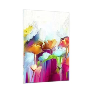 Quadro su vetro - Fiori astratti nei colori intensi dell'arcobaleno - 50x70cm - L'arcobaleno è fiorito - Decorazione murale moderna per soggiorno e camera da letto ARTTOR
