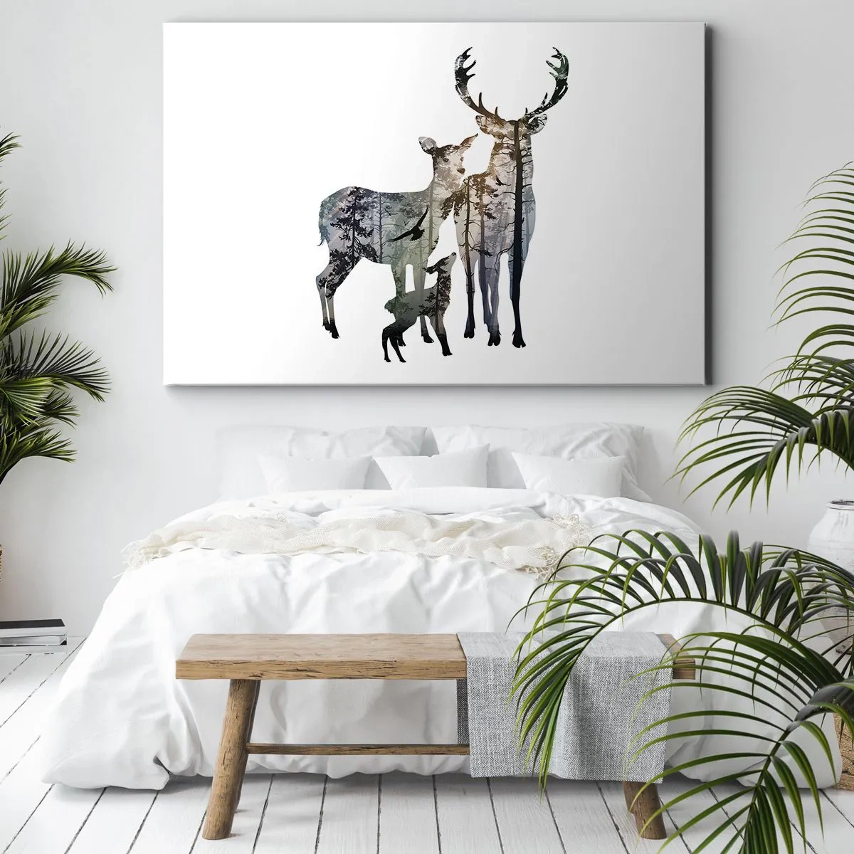 Quadro su tela - Stampe su Tela - Paesaggio forestale nelle sagome dei cervi - 100x70cm - Foto di famiglia - Decorazione murale moderna per soggiorno e camera da letto ARTTOR