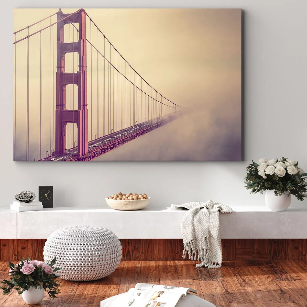Quadro su tela - Stampe su Tela - Un ponte nella nebbia in tonalità pastello, simbolo di eleganza e pace - 100x70cm - Tra il cielo e la terra - Decorazione murale moderna per soggiorno e camera da letto ARTTOR