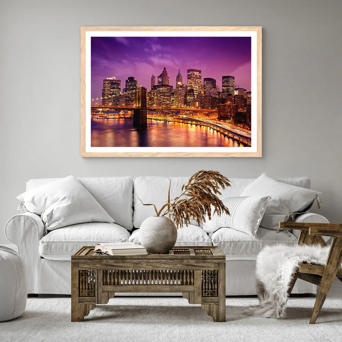 Poster in cornice rovere chiaro - Manhattan in viola e oro - 50x40 cm