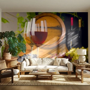 Fotomurali Standard Eco - Bicchieri di vino rosso e bianco con una botte e uva - 100x70cm - Come presso gli antichi conoscitori - Decorazione murale moderna per soggiorno e camera da letto ARTTOR