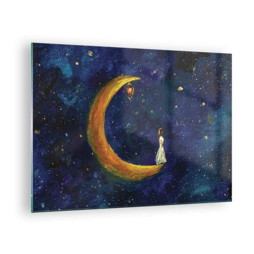 Quadro su vetro - Una figura sulla luna nel cielo notturno - 70x50cm - Il richiamo del mondo - Decorazione murale moderna per soggiorno e camera da letto ARTTOR