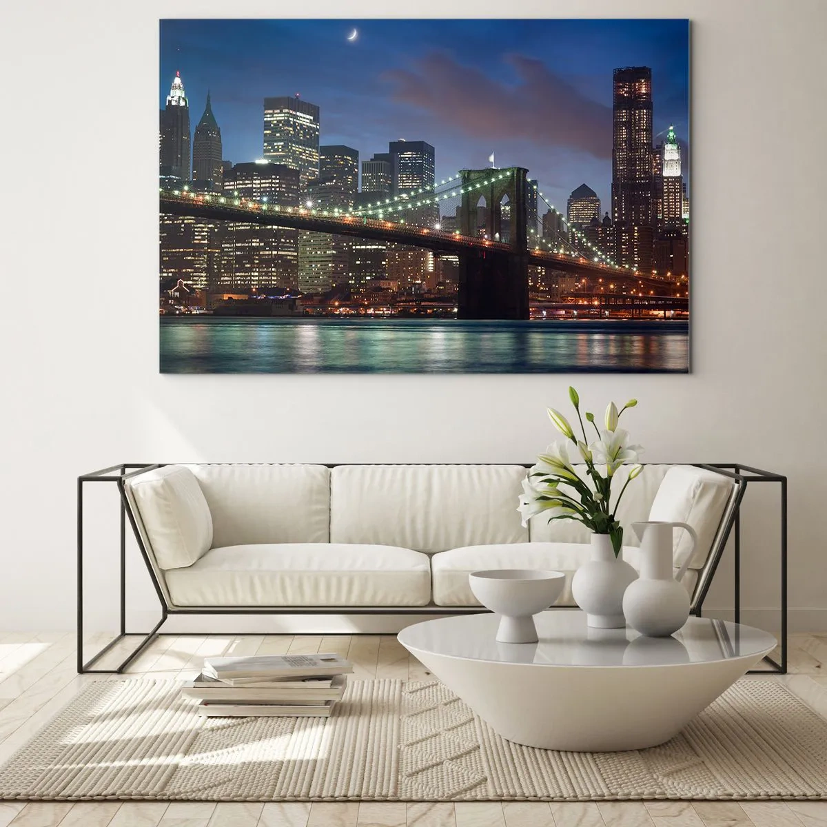 Quadro su vetro - Panorama della città con il ponte illuminato dalle luci notturne - 100x70cm - Notte illuminata - Decorazione murale moderna per soggiorno e camera da letto ARTTOR