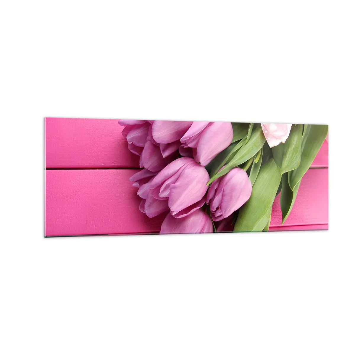 Quadro su vetro - Un mazzo di tulipani rosa con un fiocco su uno sfondo rosa - 140x50cm - Proprio per te - Decorazione murale moderna per soggiorno e camera da letto ARTTOR