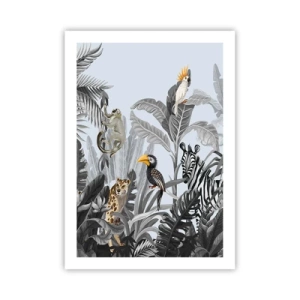 Poster - Animali tropicali colorati tra le foglie della giungla - 50x70cm - Favola africana - Decorazione murale moderna per soggiorno e camera da letto ARTTOR