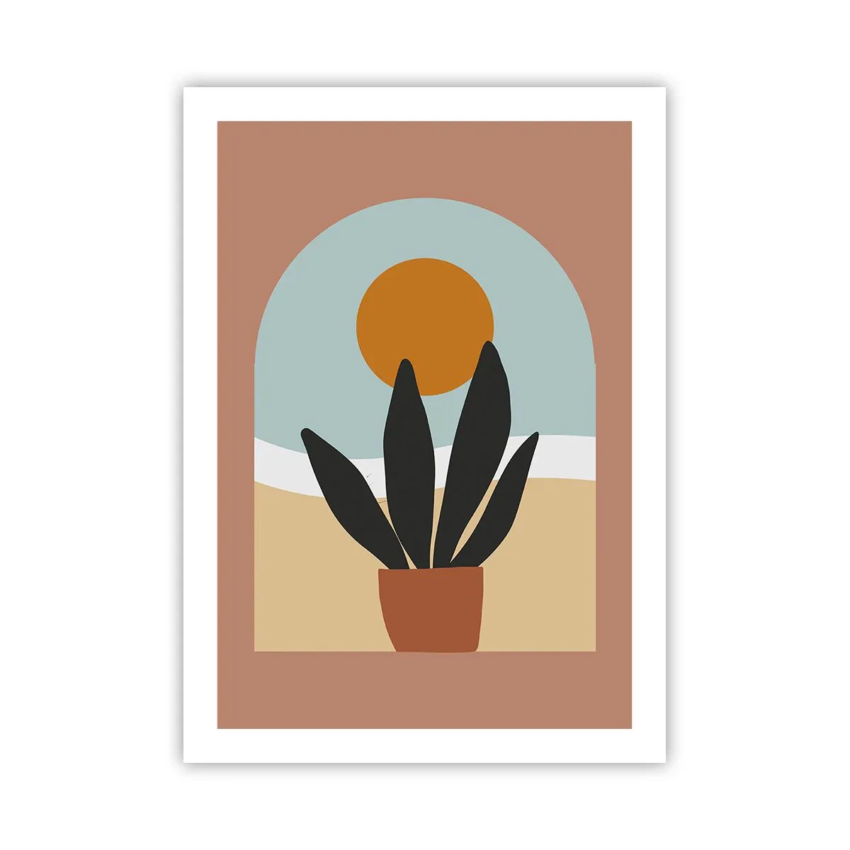 Poster - Una pianta in vaso davanti a un arco con un tramonto sullo sfondo - 50x70cm - Piccole gioie - Decorazione murale moderna per soggiorno e camera da letto ARTTOR