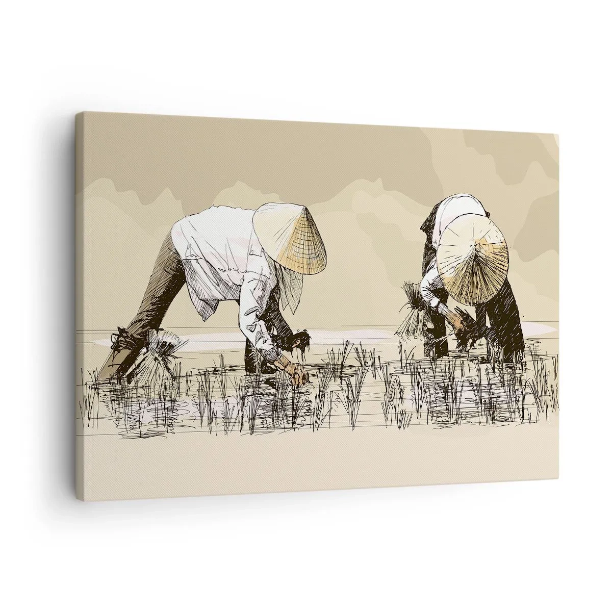Quadro su tela - Stampe su Tela - Contadini che lavorano in una risaia indossando copricapi tradizionali - 70x50cm - Buon raccolto - Decorazione murale moderna per soggiorno e camera da letto ARTTOR