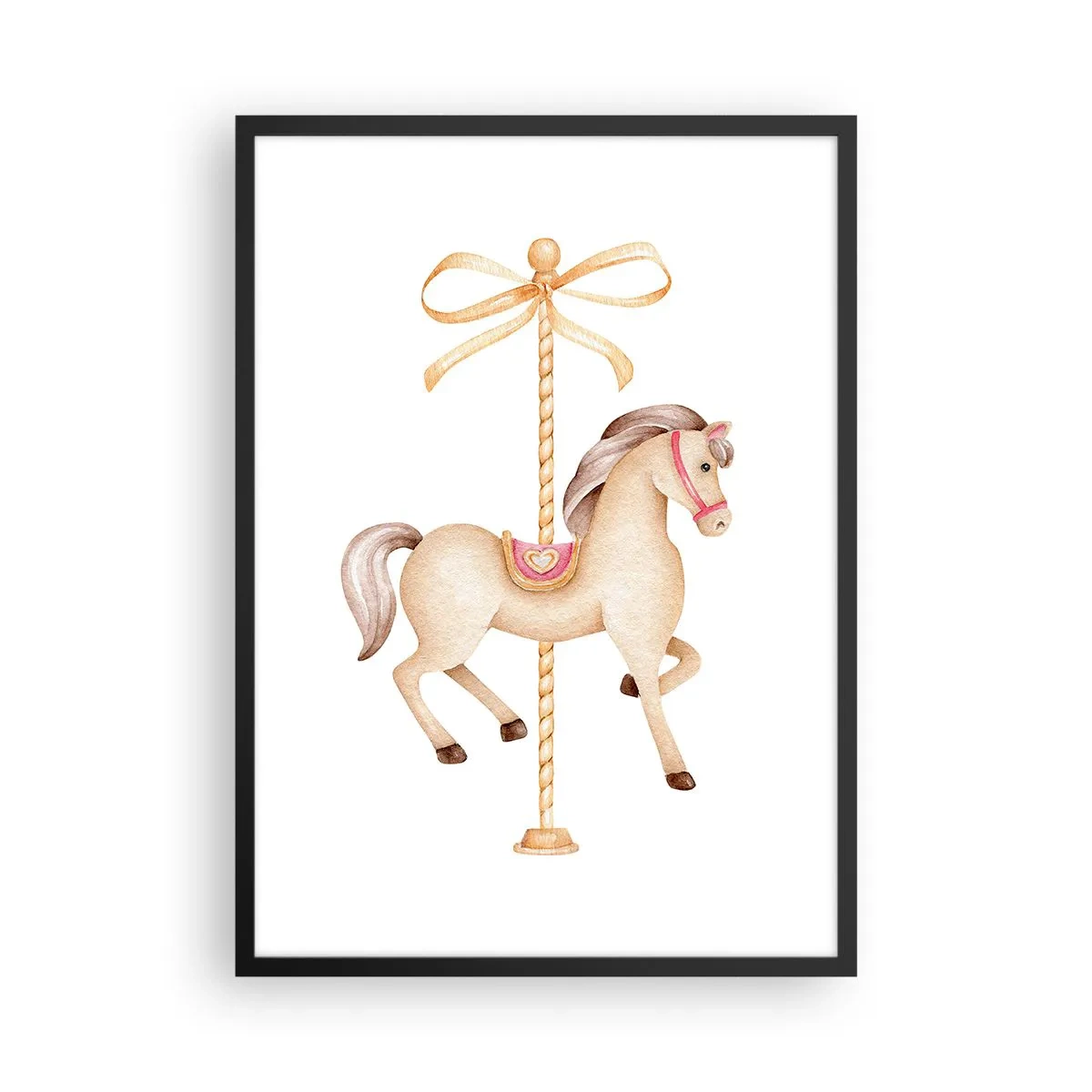 Poster in cornice nera - Una delicata illustrazione di un cavallo da giostra in colori pastello - 50x70cm - Trotto aggraziato - Decorazione murale moderna per soggiorno e camera da letto ARTTOR