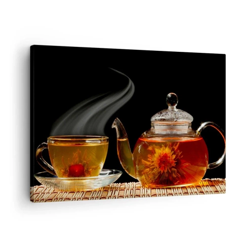 Quadro su tela - Stampe su Tela - Teiera di vetro con tè ai fiori e una tazza - 70x50cm - La magia e l'arte del tè - Decorazione murale moderna per soggiorno e camera da letto ARTTOR