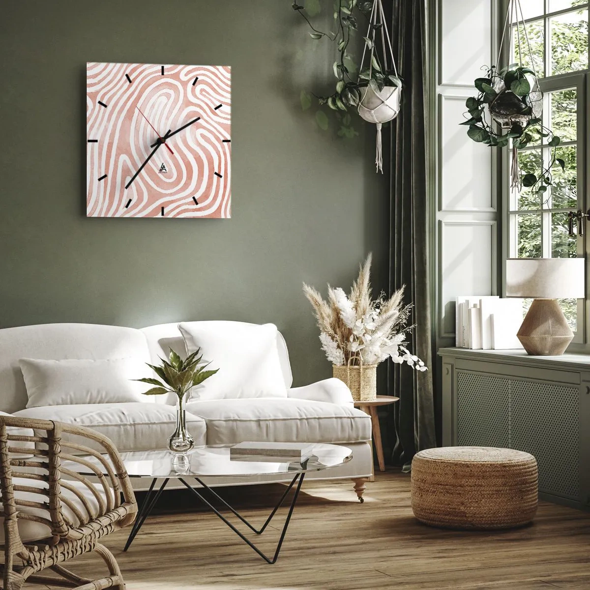 Orologio da parete - Orologio in Vetro - Motivo astratto nei toni del rosa e del bianco - 30x30cm - Nel labirinto di corallo - Decorazione murale moderna per soggiorno e camera da letto ARTTOR