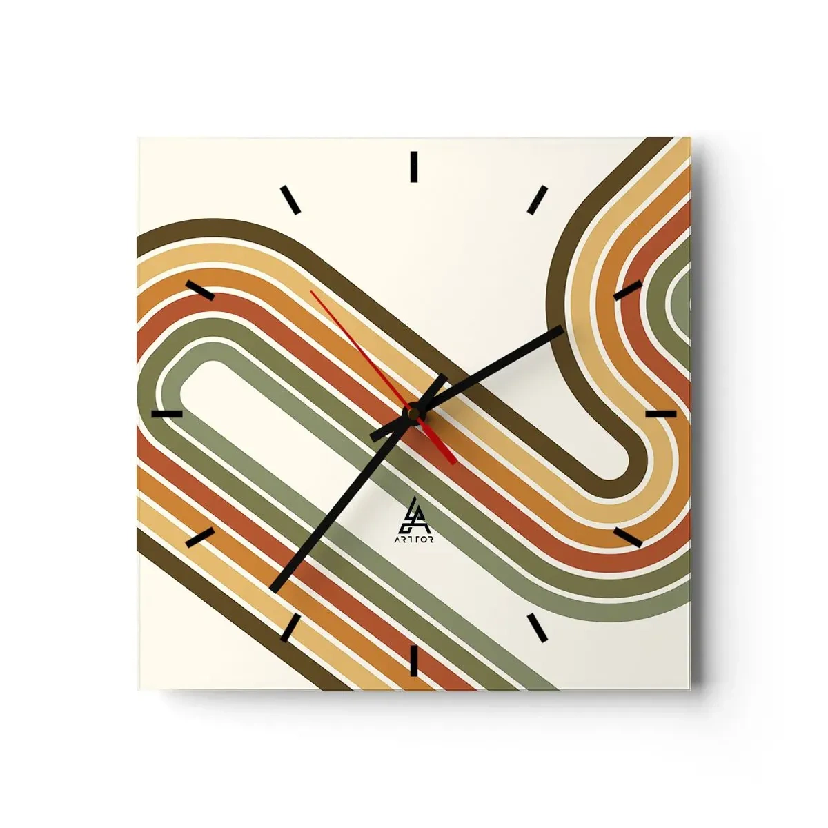 Orologio da parete - Orologio in Vetro - Motivo geometrico nei toni del verde, arancione e beige su sfondo chiaro - 30x30cm - Zig zag fino alla meta - Decorazione murale moderna per soggiorno e camera da letto ARTTOR