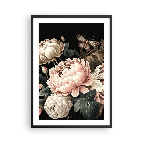 Poster in cornice nera - Eleganti peonie e una farfalla su sfondo nero - 50x70cm - In stile barocco - Decorazione murale moderna per soggiorno e camera da letto ARTTOR