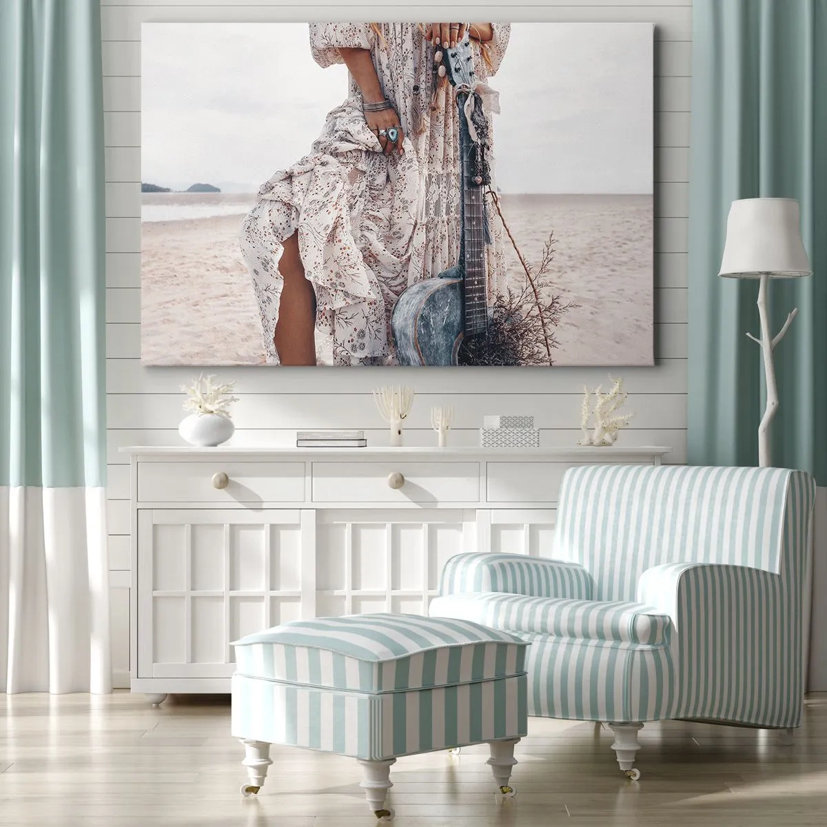 Quadro su tela - Stampe su Tela - Donna in stile boho con chitarra sulla spiaggia - 70x50cm - Figli dei fiori in cammino - Decorazione murale moderna per soggiorno e camera da letto ARTTOR